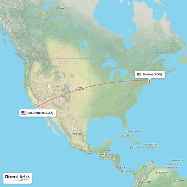 Boston - Los Angeles direct flight map
