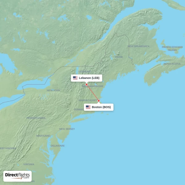 Boston - Lebanon direct flight map