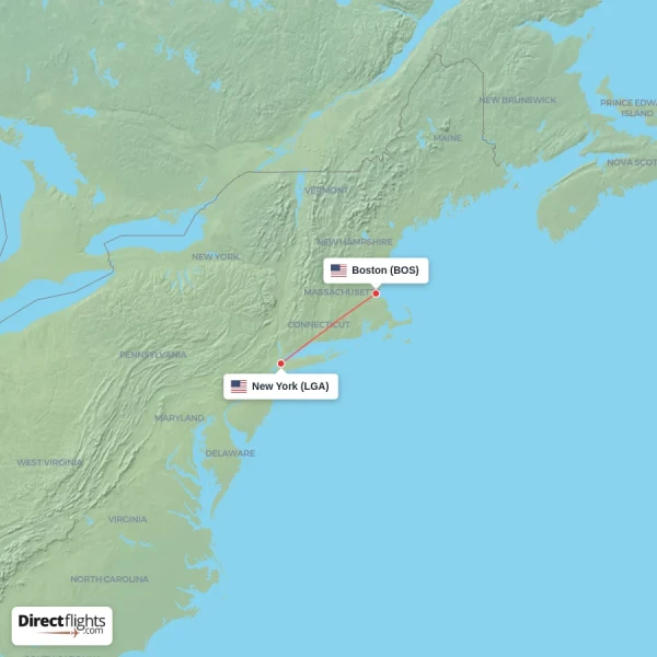 Boston - New York direct flight map