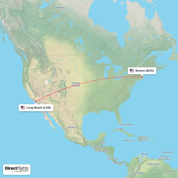 Boston - Long Beach direct flight map