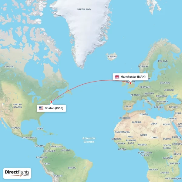 Boston - Manchester direct flight map