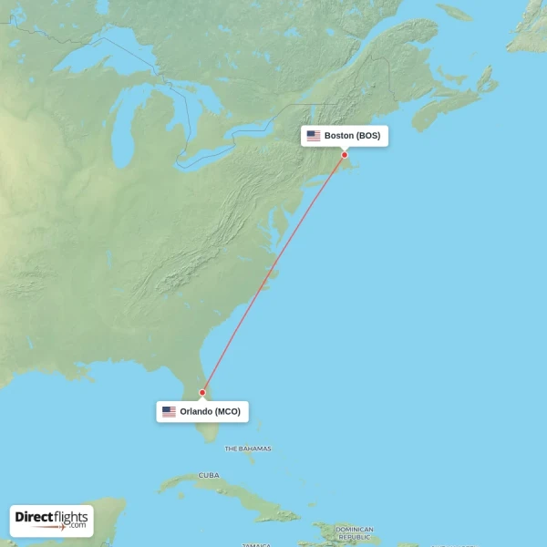 Boston - Orlando direct flight map