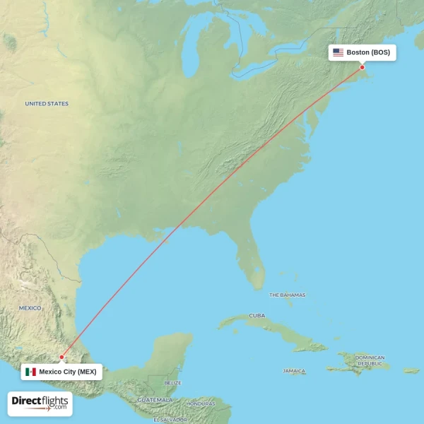 Boston - Mexico City direct flight map