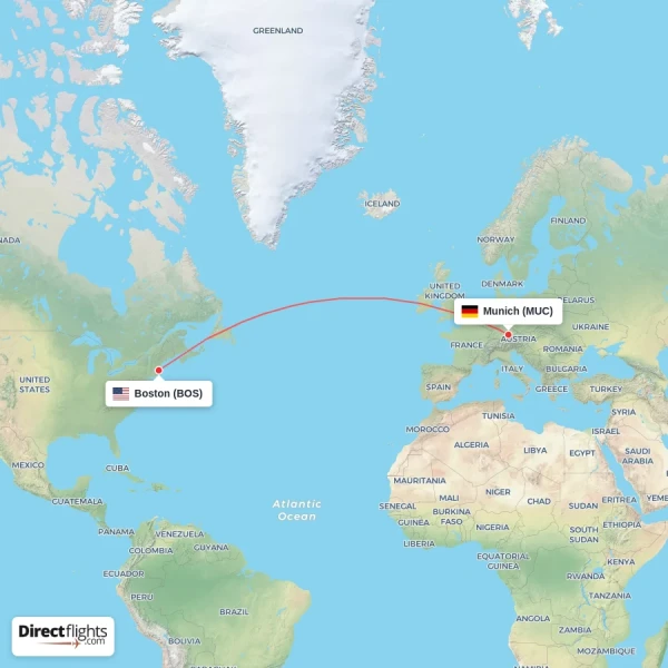 Boston - Munich direct flight map