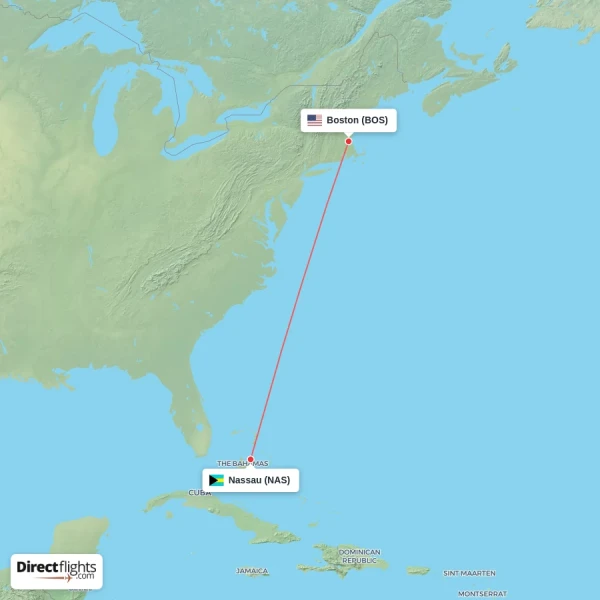 Boston - Nassau direct flight map