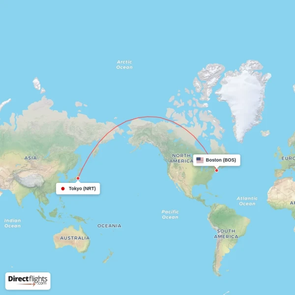Boston - Tokyo direct flight map