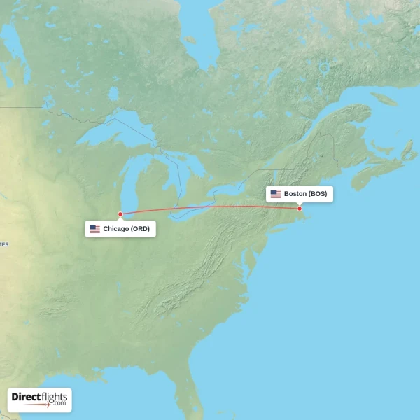 Boston - Chicago direct flight map