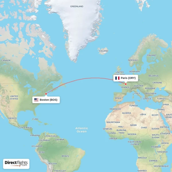 Boston - Paris direct flight map