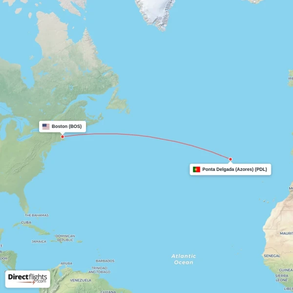 Boston - Ponta Delgada (Azores) direct flight map