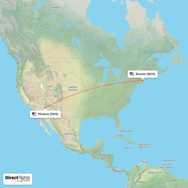 Boston - Phoenix direct flight map