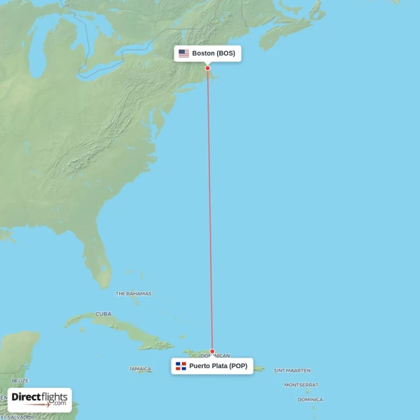 Boston - Puerto Plata direct flight map
