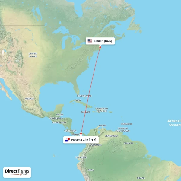 Boston - Panama City direct flight map