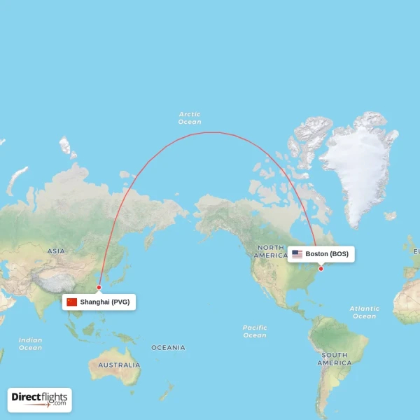 Boston - Shanghai direct flight map
