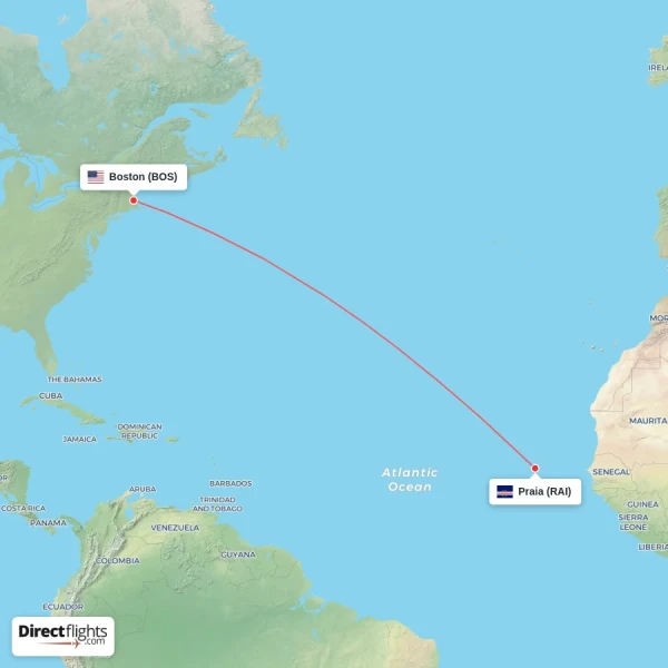 Boston - Praia direct flight map