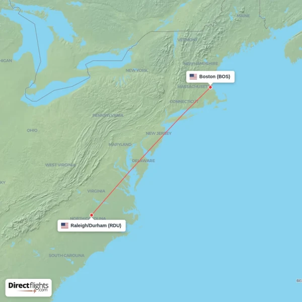 Boston - Raleigh/Durham direct flight map