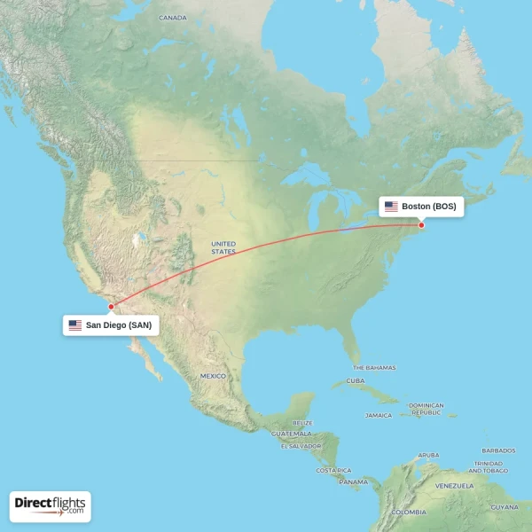 Boston - San Diego direct flight map