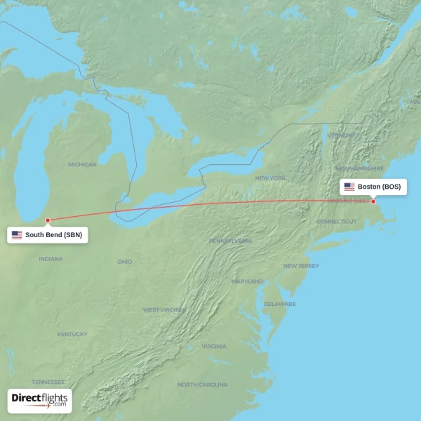 Boston - South Bend direct flight map