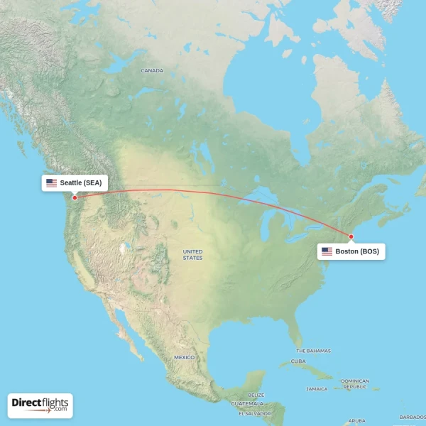 Boston - Seattle direct flight map