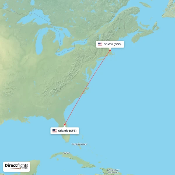 Boston - Orlando direct flight map