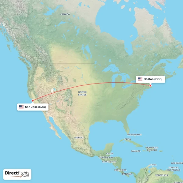 Boston - San Jose direct flight map