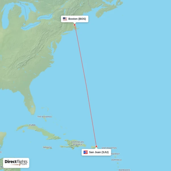 Boston - San Juan direct flight map