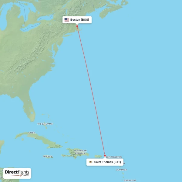 Boston - Saint Thomas direct flight map