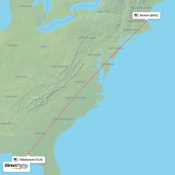 Boston - Tallahassee direct flight map
