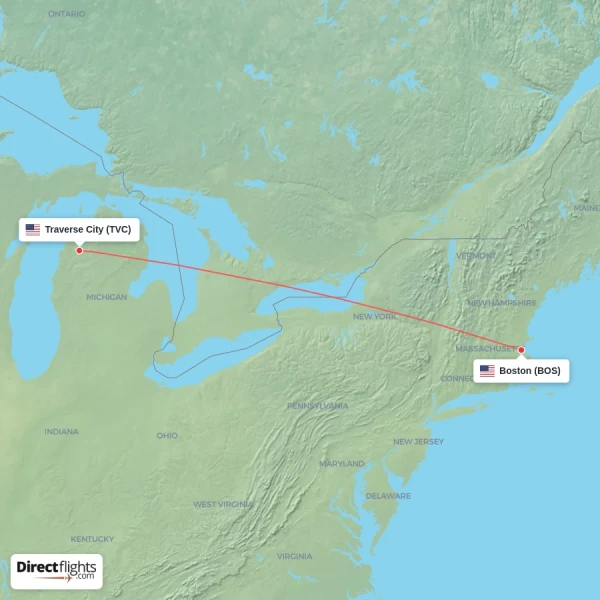 Boston - Traverse City direct flight map