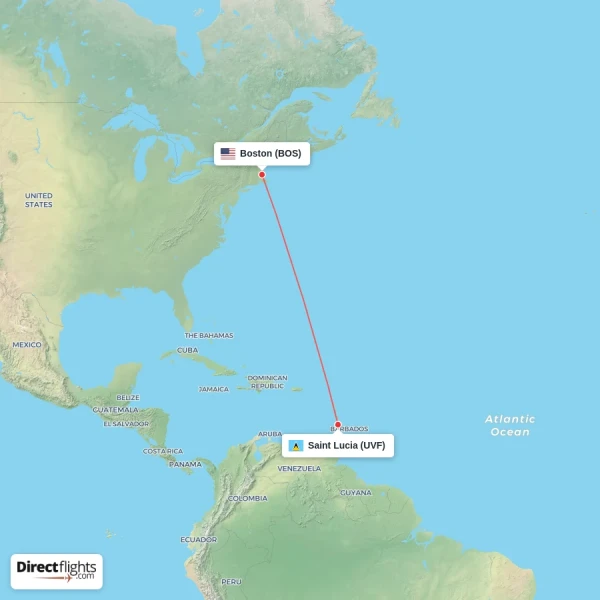 Boston - Saint Lucia direct flight map