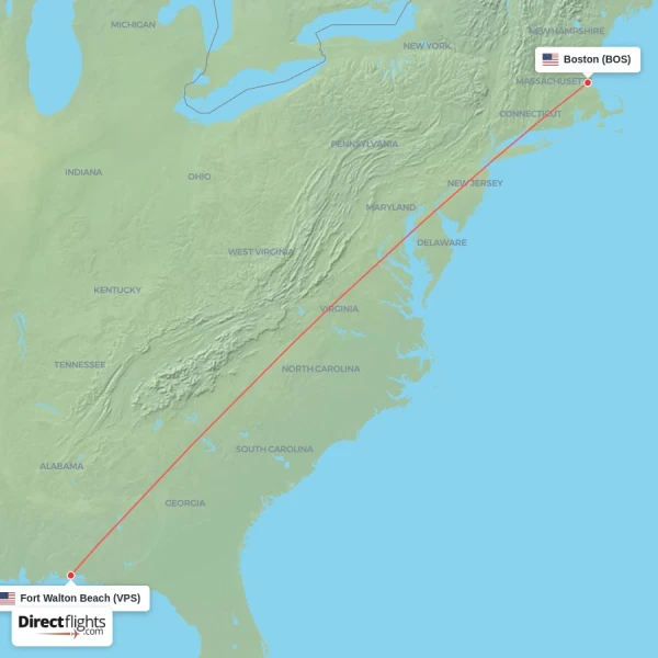 Boston - Fort Walton Beach direct flight map