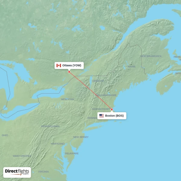 Boston - Ottawa direct flight map