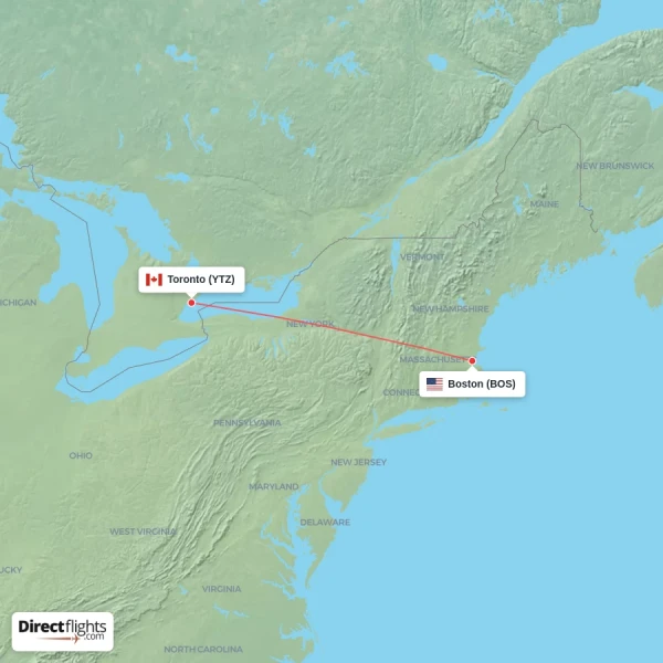 Boston - Toronto direct flight map