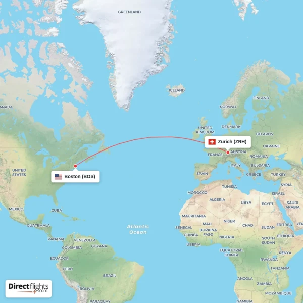 Boston - Zurich direct flight map
