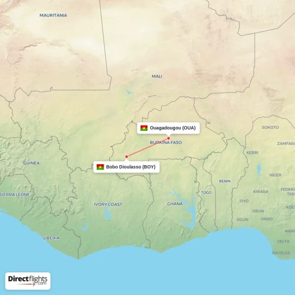 Bobo Dioulasso - Ouagadougou direct flight map