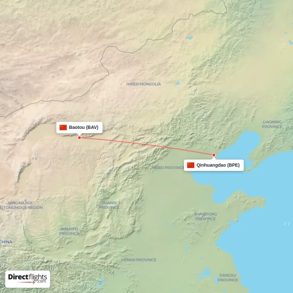 Qinhuangdao - Baotou direct flight map