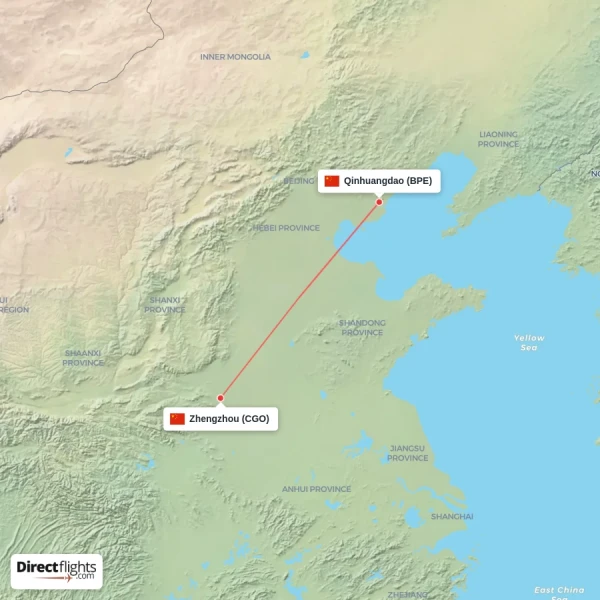 Qinhuangdao - Zhengzhou direct flight map