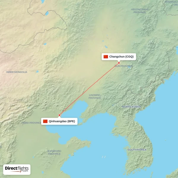Qinhuangdao - Changchun direct flight map