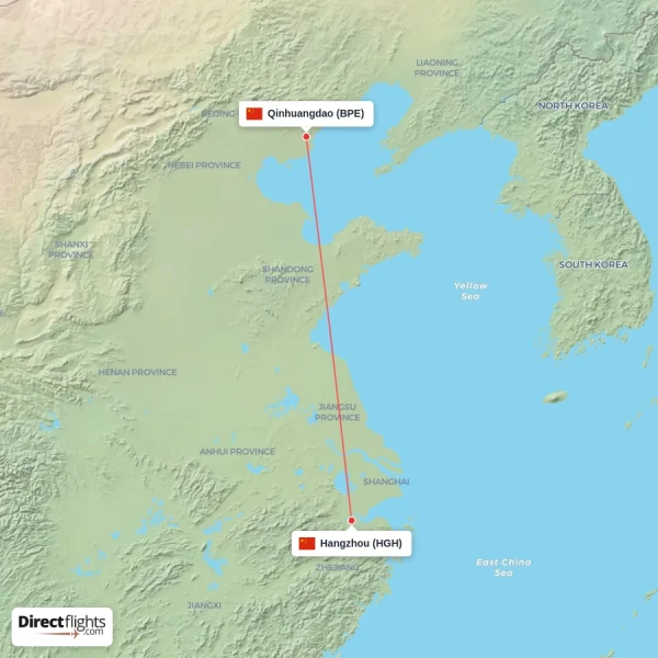 Qinhuangdao - Hangzhou direct flight map