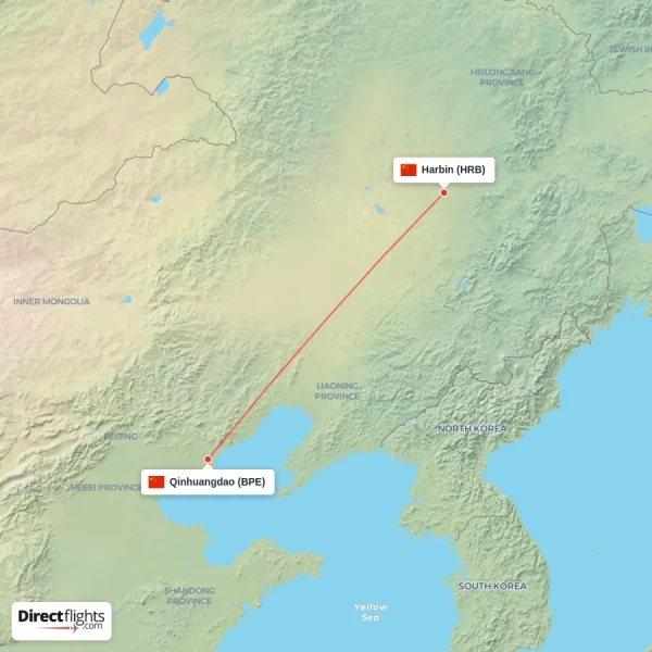 Qinhuangdao - Harbin direct flight map