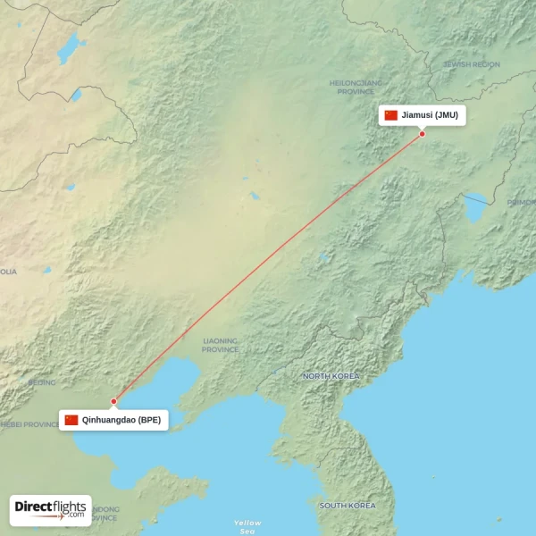 Qinhuangdao - Jiamusi direct flight map