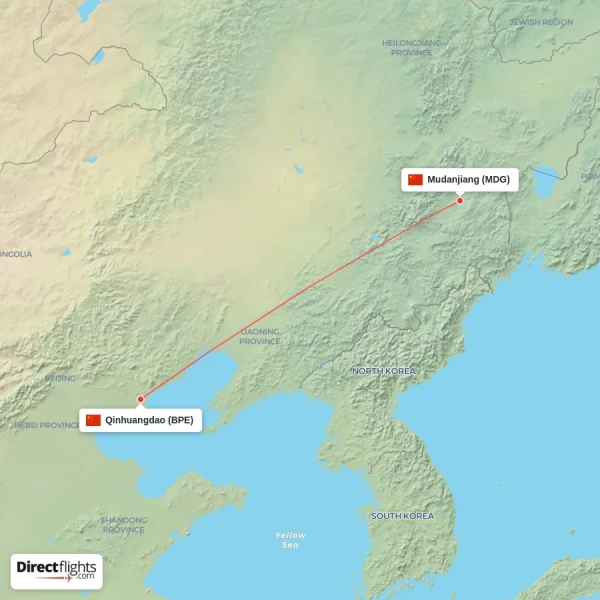 Qinhuangdao - Mudanjiang direct flight map