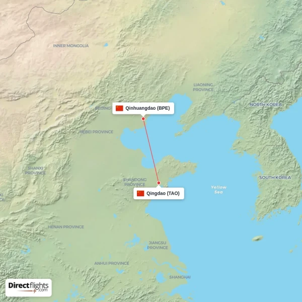 Qinhuangdao - Qingdao direct flight map