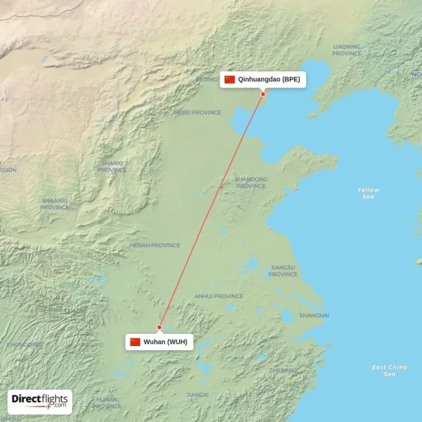 Qinhuangdao - Wuhan direct flight map