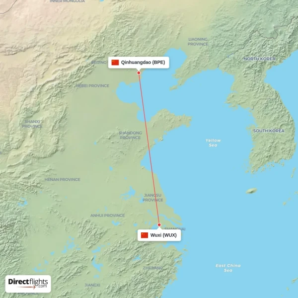 Qinhuangdao - Wuxi direct flight map