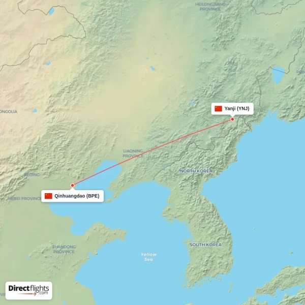 Qinhuangdao - Yanji direct flight map
