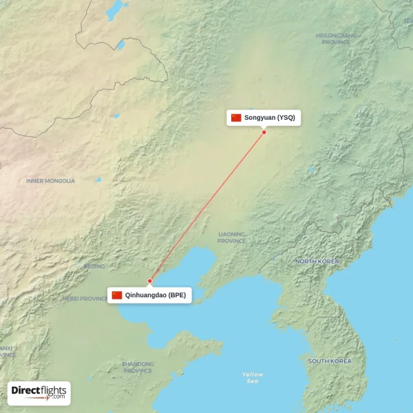 Qinhuangdao - Songyuan direct flight map