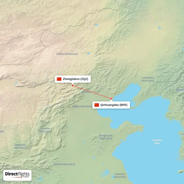 Qinhuangdao - Zhangjiakou direct flight map