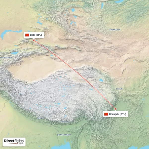 Bole - Chengdu direct flight map