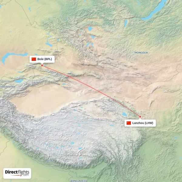 Bole - Lanzhou direct flight map