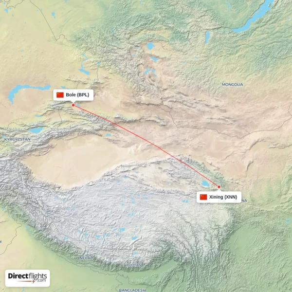 Bole - Xining direct flight map